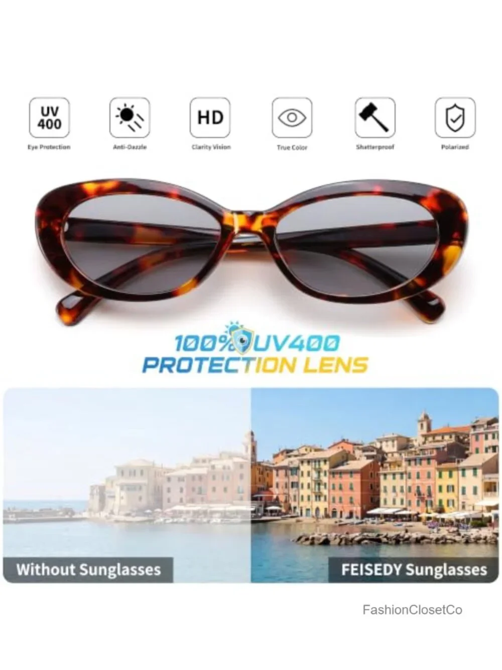 Retro Oval Cat Eye Sunglasses UV400 Protection Lightweight Plastic Frame